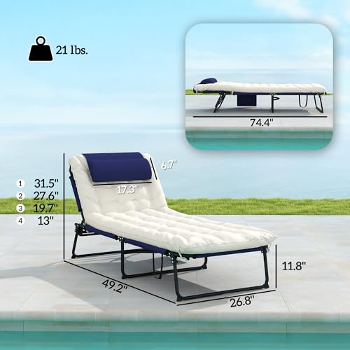 Outsunny Folding Chaise Lounge with 4-Level Reclining Back, Outdoor Tanning Chair with Cushion, Outdoor Lounge Chair with Breathable Mesh Fabric, Side Pocket, Headrest, Navy Blue - color: Navy Blue