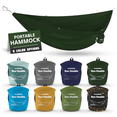 KAMMOK: Roo Double Hammock | Made from Strong & 100% Recycled Water Resistant Ripstop Fabric | Comfortable, Packable, Lightweight (Lifetime Adventure Grade Warranty), Pine Green - color: Pine Green, size: Roo Double