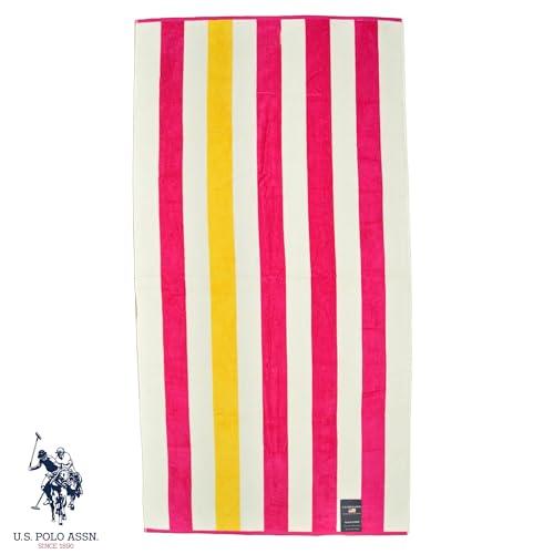 U.S. POLO ASSN. Oversized (40” x 70”) Striped Nautical Design Beach Towel - Luxury Plush Cotton Hotel Quality for Bath, Pool - Cabana Stripe Fuchsia/Yellow - color: Cabana Stripe Fushia/Yellow, size: 40" x 70"