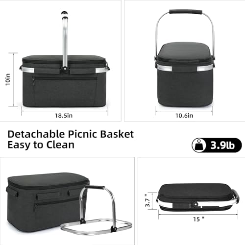 ALLCAMP Picnic Basket - 2 Ice Box Included 32L Insulated Cooler, Thickening Foldable Picnic Basket with Removable Baskets & Sewn-in Frame, Basket for House Warming Gifts New Home(Black) - color: Black, size: Large