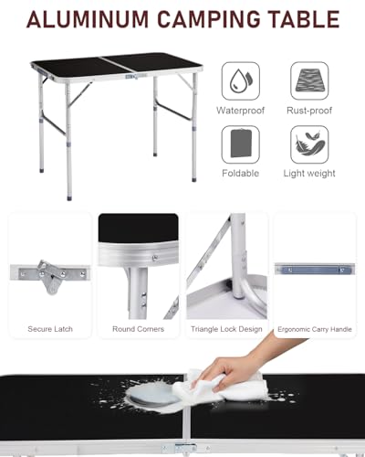Outvita 3ft Portable Folding Camping Table, Outdoor Waterproof Adjustable Height Table, Aluminum Lightweight Suitcase Foldable Table for Picnic BBQ Beach Dining - color: Black, size: 35*24*28