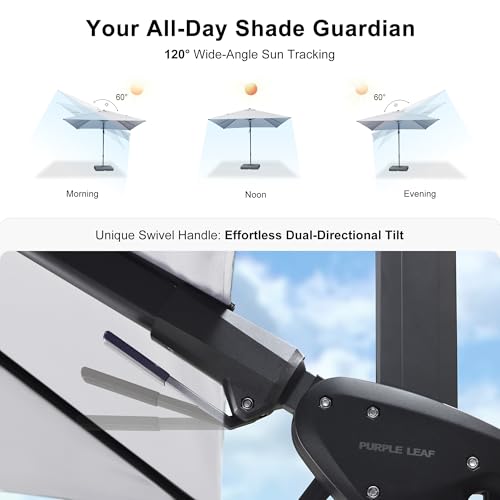 PURPLE LEAF 10 Feet Patio Umbrella Outdoor Cantilever Solar Powered LED Swivel Square Umbrella Aluminum Offset Umbrella with 360-degree Rotation for Garden Deck Pool Patio White - color: White, size: 10' X 10', style: Left-right Tilt（LED）