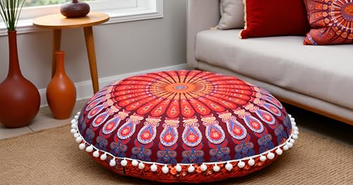 CRAFT KALA Round Mandala Boho Pillow Cover Meditation India Room Seating Poufs Cover for Living Room Yoga Room Home Décor Bedroom Balcony Garden Decoration Cotton Floor Cushion Cover 22" Maroon Mirchi - color: Maroon Mirchi, size: 22"