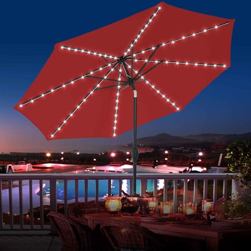 Sundale Outdoor Olefin 5-Year-Non-Fading Solar 80 LED 9 FT Solar Patio Umbrella with Sand Bag Base, Outdoor Umbrella with Tilt and Crank, Red - color: Red, size: 9FT