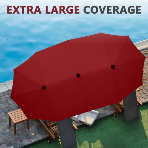 13Ft Large Patio Umbrella with Base Outdoor Double-Sided Market Extra Large Table Umbrella Easy Crank for Yard, Poolside, Deck-Red - color: Red, size: 13FT Umbrella+Base