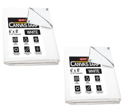 Mytee Products 2 Pack 6' x 8' White Canvas Tarp 12oz - Water Resistant & Breathable - Heavy Duty Tarps - Multipurpose Tarpaulin Cover for Camping Tent - color: White (2 Pcs), size: 6' x 8'