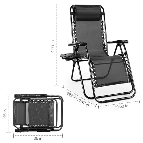 Sweetcrispy Zero Gravity Chairs, Set of 2 Portable Recliner Beach Camping Patio Outdoor Folding Lounge Chair with Cup Holder Trays and Adjustable Pillow for Poolside, Garden, Backyard, Lawn (Black) - color: Black
