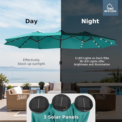 MFSTUDIO 15ft Double Sided Patio Umbrella with Solar Lights, Outdoor Large Umbrellas with Crank Handle and 36 LED Lights, Rectangular Market Umbrella with Base Included for Deck Pool Shade, Turquoise - color: Turquoise