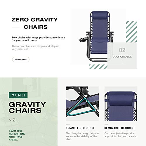 GUNJI Zero Gravity Chair Outdoor Lawn Folding Lounge Chairs Adjustable Reclining Patio Chairs Set of 2 with Cup Holder Lounge Gravity Chairs for Poolside, Backyard, Beach and Camping (Blue) - color: Blue
