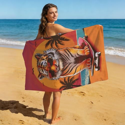 Tiger Beach Towel Funny Tiger Skateboarding Bath Towel for Kids Adults, Microfiber Lightweight Quick Dry Animal Red Orange Sunset Palm Tree Surf/Swim/Pool/Travel Towels, Oversized 32x52 - color: Tiger