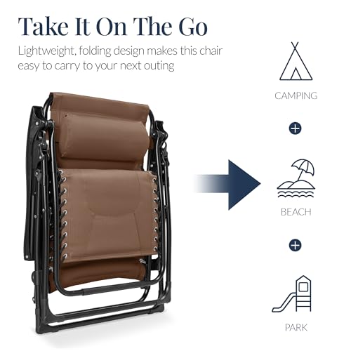 Best Choice Products Oversized Padded Zero Gravity Chair, Folding Outdoor Patio Recliner, XL Anti Gravity Lounger for Backyard w/Headrest, Cup Holder, Side Tray, Polyester Mesh - Dark Brown - color: Dark Brown