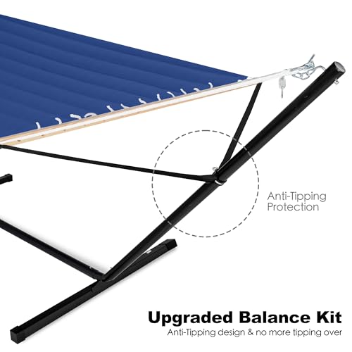 GAFETE 2 Person Hammock with Stand for Outside, Heavy Duty Steel Stand, Double 55inch Hammocks, Large Removable Pillow, Storage Bags, Max 475 lbs Capacity (Blue) - color: Blue