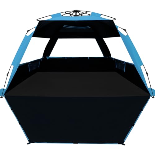 WhiteFang Deluxe Pop Up Beach Tent Sun Shade Shelter for 3-4/5-6 Person, UV Protection, Extendable Floor with 3 Ventilating Windows Plus Carrying Bag, Stakes, and Guy Lines - color: Blackout Shelter-Solid Blue, size: X-Large