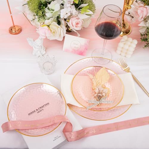 Rubtlamp 60Pcs Pink Plastic Plates,Clear Pink Plates With Gold Rim,Hammered Gold Plates Include 30Pink Plastic Dessert Platos, 30Gold Dinner Platos For Party - color: Clear Gink Gold