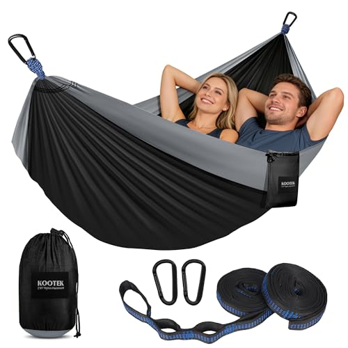 Kootek Camping Hammock, Portable Hammocks with Tree Straps & Attached Carry Bag, Camping Essentials Gear, Perfect for Outside Indoor Hiking Beach Backpack Travel - color: Black & Grey, size: Large