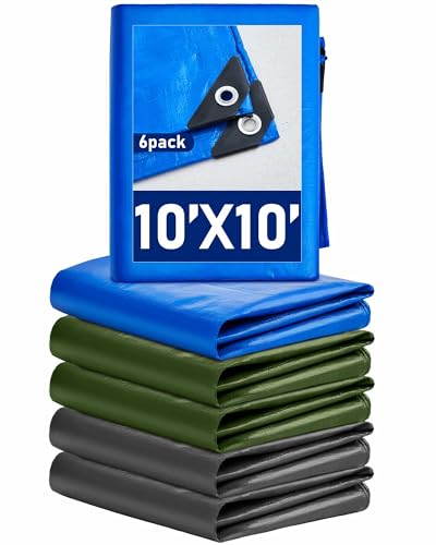 SmoothNovelty 6 Pcs Large Waterproof Tarp 10 x 10 ft Heavy Duty 5.5 Mil Thick Poly Tarpaulin with Grommets Multipurpose Protective Cover for Summer Home Boats Cars Camping Rv Pool Tent - color: Green,blue,gra, size: 10 x 10 ft