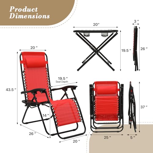Athena Collection Zero Gravity Outdoor Lounge Chair Set of 2 with Side Table, 25" Width Pool Lounge Lawn Chairs Reclining with Cup Holder, Outdoor Chaise for Beach Patio Backyard Outside, Red - color: Red, style: 25" Width