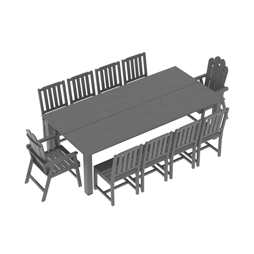 11-Piece Patio Dining Set for 10, HDPE All-Weather Outdoor Furniture with Umbrella Hole Table, 89.76” Oversized Table, 2 Armchairs & 8 Armless Chairs, Gray - color: Grey, size: Oversized Table&2 Armchairs + 8 Armless chairs