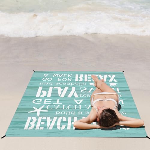 Beach Rules Pocket Picnic Blankets, Blue Seashell Coastal Mini Beach Camping Blanket Waterproof Sandproof, Rustic Sea RV Outdoor Picnic Blanket Mat Gifts for Camper Campsite Travel 55x60in - color: Rules