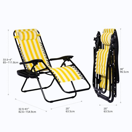 Nazhura Set of 2 Relaxing Recliners Patio Chairs Adjustable Steel Mesh Zero Gravity Lounge Chair Beach Chairs with Pillow and Cup Holder (Yellow Stripe) - color: Yellow Stripe