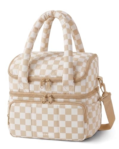 BAGSMART Lunch Bag Women, Double Deck Insulated Lunch Box, Quilted Puffer Lunch Tote, Leakproof, Durable & Reusable Large Lunch Cooler For Work Picnic Travel Meal Prep, Brown Checkerboard - color: Print-Brown Checkerboard, size: Large(double deck)