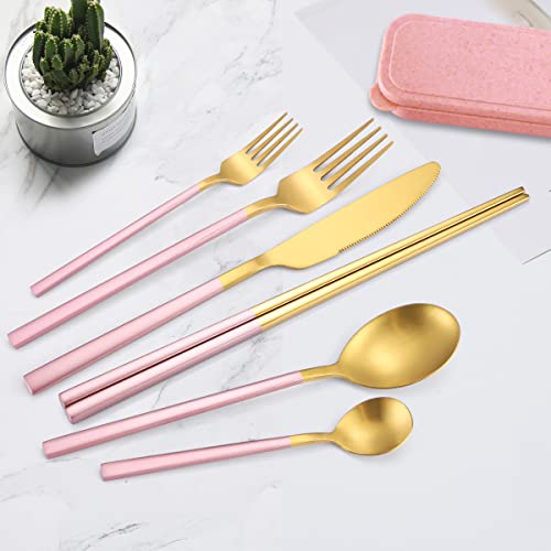 AARAINBOW 6 Pieces Stainless Steel Flatware Set Portable Reusable Cutlery Set Travel Utensils Set Including Chopsticks Knife Fork Spoon Straws Cleaning Brush Dishwasher Safe (B-Pink golden) - color: B-Pink golden