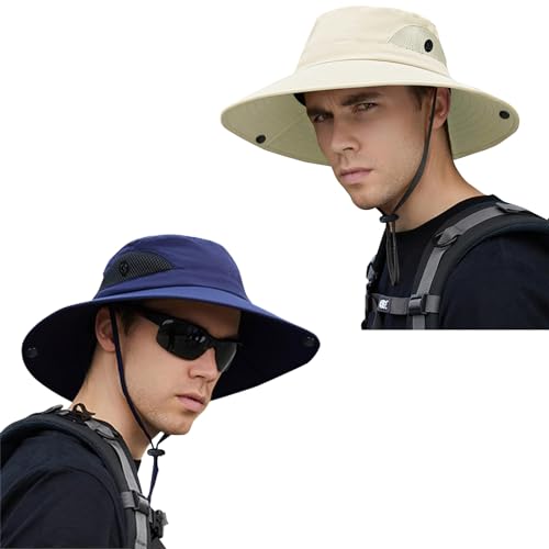 ZOORON Sun Hats for Men Women, Wide Brim Safari Hats UV Protection UPF50+ Waterproof Boonie Hats for Fishing Hiking Camping - color: 2pack-beige+navy