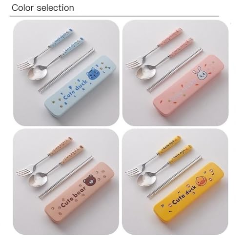 Cute Silverware Set, Animal Series Ceramic Handle Dinnerware Set Flatware Kitchen Accessories Camping Travel Sets Fork Spoon Chopstick Portable Cutlery Sets with Case, Bear Rabbit Duck Cat ( - color: Cat