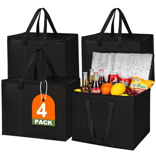 JNYONG 4 Pack Insulated Reusable Grocery Shopping Bags with zippered top,Food Delivery Bag,Collapsible Cooler Bag for Frozen Foods - size: 4 Pack