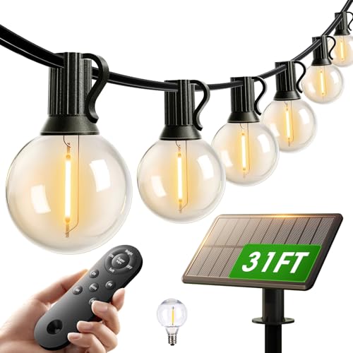 addlon 25FT Solar Powered Outdoor String Lights Waterproof with Remote, G40 Solar Powered String Lights with 13 LED Shatterproof Bulbs, 3 Light Modes, Dimmable Solar Lights for Outside Bistro Cafe - size: 25FT