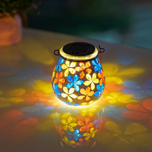 Stargarden Mosaic Solar Lanterns, Glass Hanging Lantern Waterproof Outdoor Haning Lights Flower Decorative Table Lamp for Garden ,Patio,Yard Decor - color: Flower