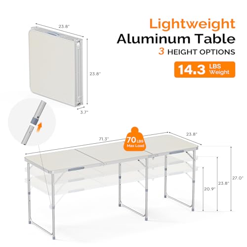 VINGLI 6ft Folding Camping Table with Carry Handle,Portable Utility Table Multipurpose for Party Picnic Tailgating Outdoor Patio Garden Indoor Kitchen … - color: White, size: 6ft