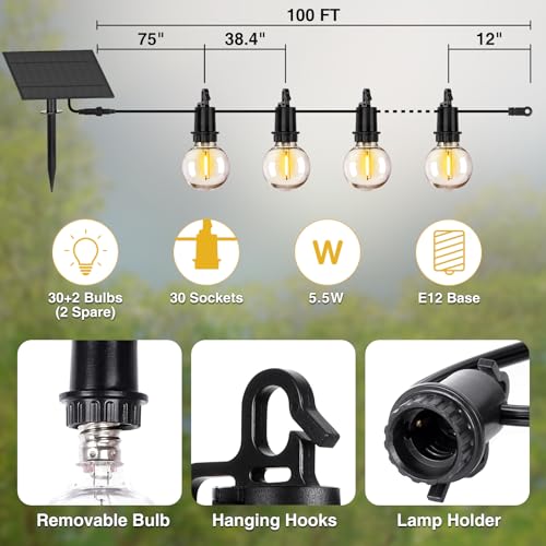 ZJOJO 100FT Solar Lights Outdoor Wateroproof, Solar String Lights with Remote USB Port 32 LED Shatterproof,Dimmable Outdoor Lights Long Last for Garden, Patio, Backyard, Yard, Camping Christmas Light - size: 100FT-30(Solar)