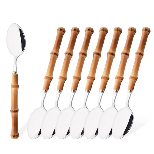 8-Piece Bamboo Handle Dinner Spoon Set, Stainless Steel Spoons for Kitchen Home and Restaurant, Mirror Polished, 8.03 inch - color: 8-Piece Dinner Spoon