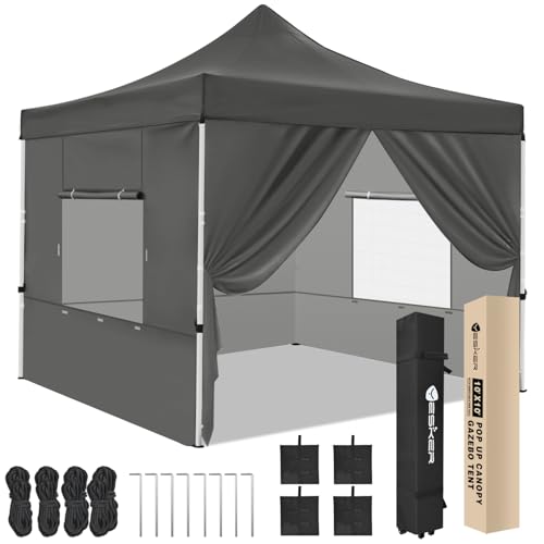 Yesker 10x10 Pop Up Canopy Tent with 4 Sidewalls Portable Folding Outdoor Canopy Easy Setup Gazebo Waterproof Instant Popup Shelter Tent w Wheeled Carry Bag sandbags for Events Parties Camping, Gray - size: 10x10FT Gray w Sidewalls