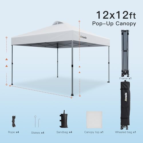 Amada 12x12 Pop Up Canopy Tent, 1-Button Push Easy-up Outdoor Canopy Beach Tent with 3-Height Adjustable Waterproof Shade Shelter, Wheeled STO-N-Go Bag 8 Stakes, 4 SandBags (12x12ft, White) - color: White, size: 12x12ft
