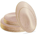 PLASTICPRO 32 Pack Elegant Disposable Plastic Plates Combo Set Includes 16 Dinner Plates and 16 Salad Plate Heavy Duty Fancy Party Plates Pink Granite Plate with Gold rim - color: Granite Collection Pink With Gold Rim