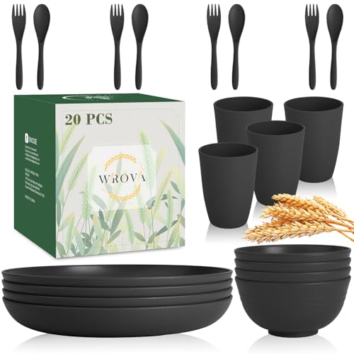 Wrova Wheat Straw Dinnerware Sets of 20,Alternative to Melamine dinnerware sets with Flatwares Dishwasher Safe,Lightweight and Unbreakable Camping Dishes for R.V.(Black) - color: Black, size: 20 Pack