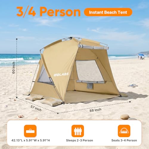 Golabs BT1 Pop up Beach Tent Sun Shelter for 3-Person, 1-Minute Setup by Pre-Attached Pole & UPF 50+, Beach Shade with Detachable Floor Mat, Mesh for Clear View & Airflow, only 7 lbs & Pocket and Hook - color: CAMEL