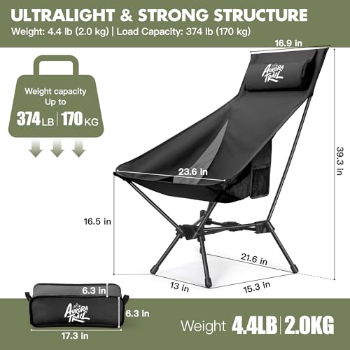 AuroraTrail High Back Folding Camping Chair with Pillow – Lightweight Portable Outdoor Chair with Cup Holder & Carry Bag, Sturdy Aluminum Frame Supports up to 374 lb for Camping, Hiking & Festivals - color: Black Out