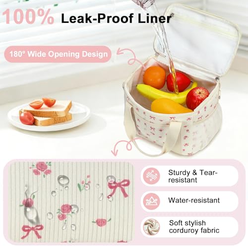 BTOOP Insulated Lunch Bag for Women, Cute Leakproof Lunch Tote, Large Capacity Aesthetic Lunch Box Bag with Shoulder Strap for Work, School, Picnic Pink Bow Floral - color: Pink Bow-Floral, size: Medium