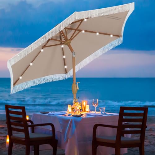 GDY 7.5 ft Fringe Patio Umbrella with 18 LED Solar Lights ，Stylish Fringe Decor for Graden, Pool, Beach, Deck, Khaki - color: Camel+18 Lights, size: Umbrella Only