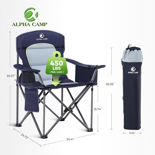ALPHA CAMP Heavy Duty Camping Chair 500LBS Capacity, Oversized Folding Chair for Heavy People, Padded Portable Outdoor Chair with Cooler Bag & Cup Holder for Camping, Fishing, Beach - color: Blue, size: 1PC