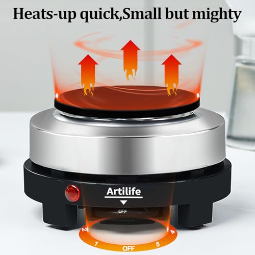 Artilife 500W Mini Electric Hot Plate - Moka Pot Special, 110V Compact RV Camping Stove, 4" Cast Iron Burner for Coffee, Low Wattage Portable