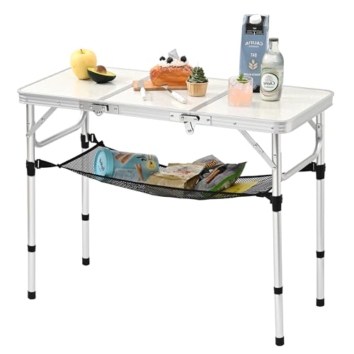 Folding Camping Table, 35''L x16''W Camp Aluminum Table with Adjustable Height Legs, Indoor Outdoor Lightweight Portable Folding Dining Table for Camp Picnic Beach Cooking 3Ft（3 Heights 10"/20"/27"） - color: Silver & Sage Gray, size: 35.4"L x 16"W x 27.48