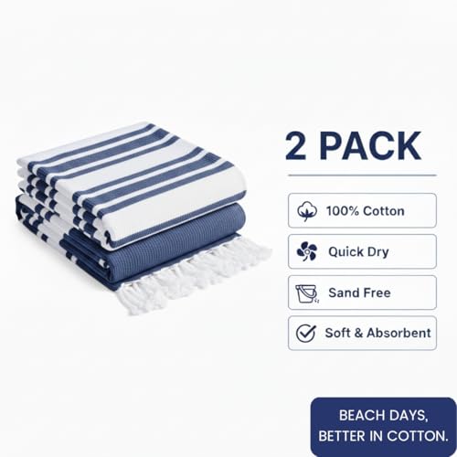 Turkish Beach Towels Set of 2 - Oversized Cotton Beach Towels 40X70 inch - Sand Free Quick Dry Beach Blanket for Adults - Extra Large Towels for Beach Bath Pool Yoga Travel - Blue - color: Blue, size: 2 Pack