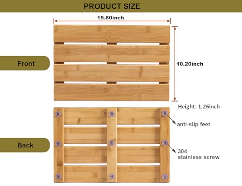 Small Bamboo Bath Mat – Mini Wooden Shower Floor Mat for Compact Bathroom, RV or Tight Spaces, Non-Slip, Quick Dry, Easy to Clean, Indoor Outdoor Use, 15.8" x 10.2" by PELYN - size: 15.8" x 10.2" (Rectangular)