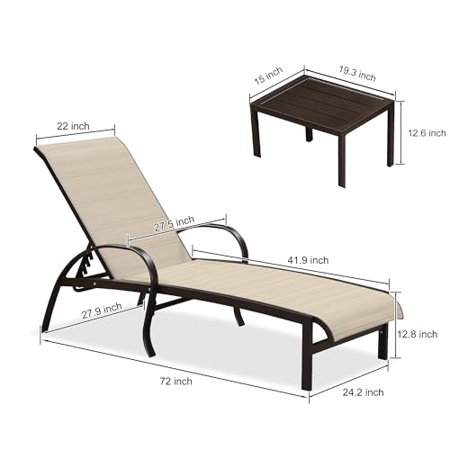 PURPLE LEAF Outdoor Chaise Lounge Chair Set of 3 Patio Pool Lounger Aluminum Chairs with Side Table Adjustable Tanning Recliner for Outside Yard Deck Lawn Garden Beach Light Khaki - color: Light Khaki, size: 2 Chairs & 1 Table