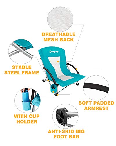 KingCamp Low Seat Beach Chair, Outdoor Camping Folding Chair with Cup Holder, 3 Colors - color: Low Cyan 1
