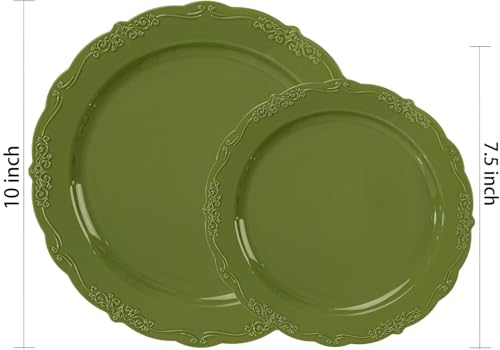 U-QE 100PCS Olive Green Plastic Plates - Plastic Green Plates Disposable Heavy Duty - Olive Disposable Plates for Party Including 50PCS 10'' Dinner & 50PCS 7.5'' Dessert Plate - color: Green